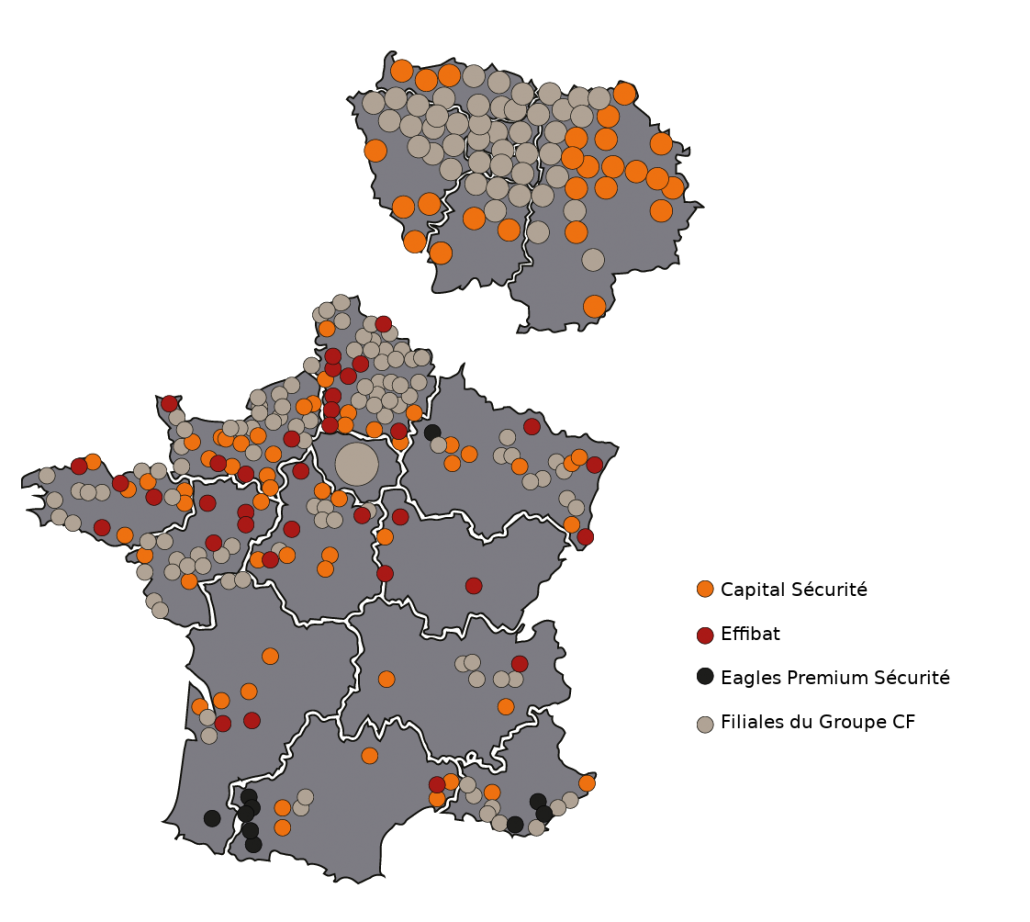 Carte de France avec des points représentants les clients du Groupe CF.